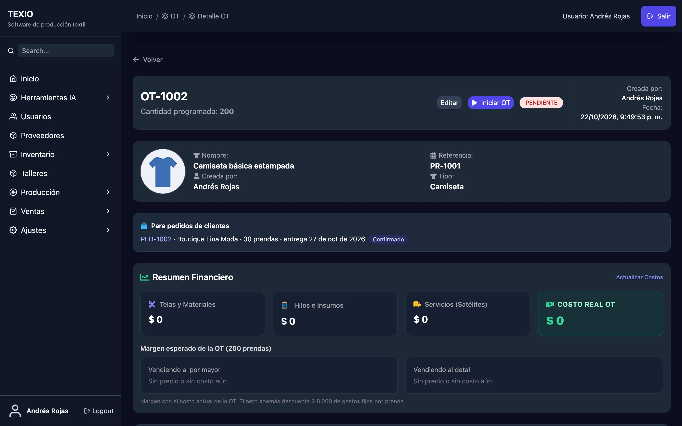 OT pendiente con el botón Iniciar OT