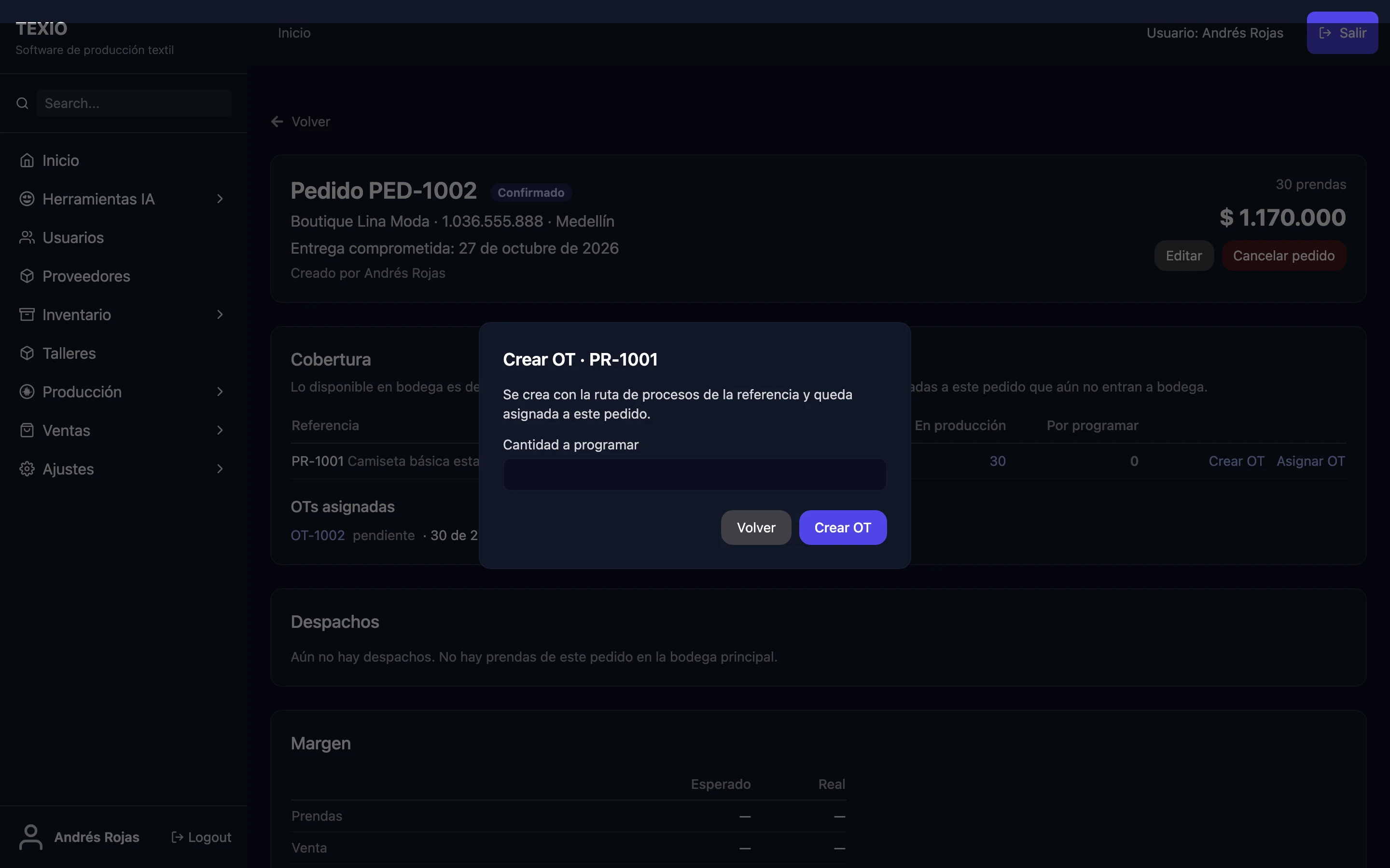 Crear una OT desde el pedido