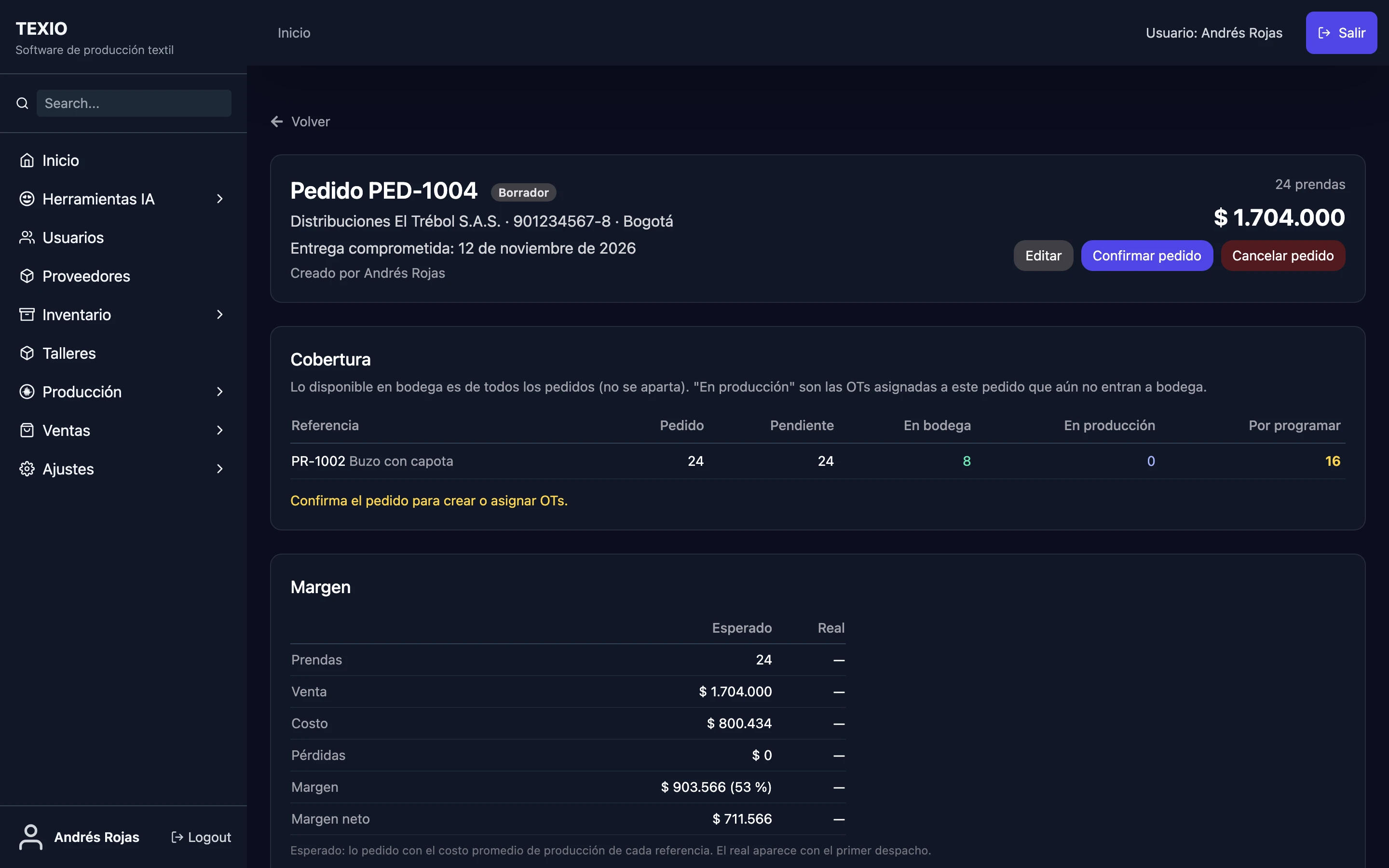Pedido en borrador