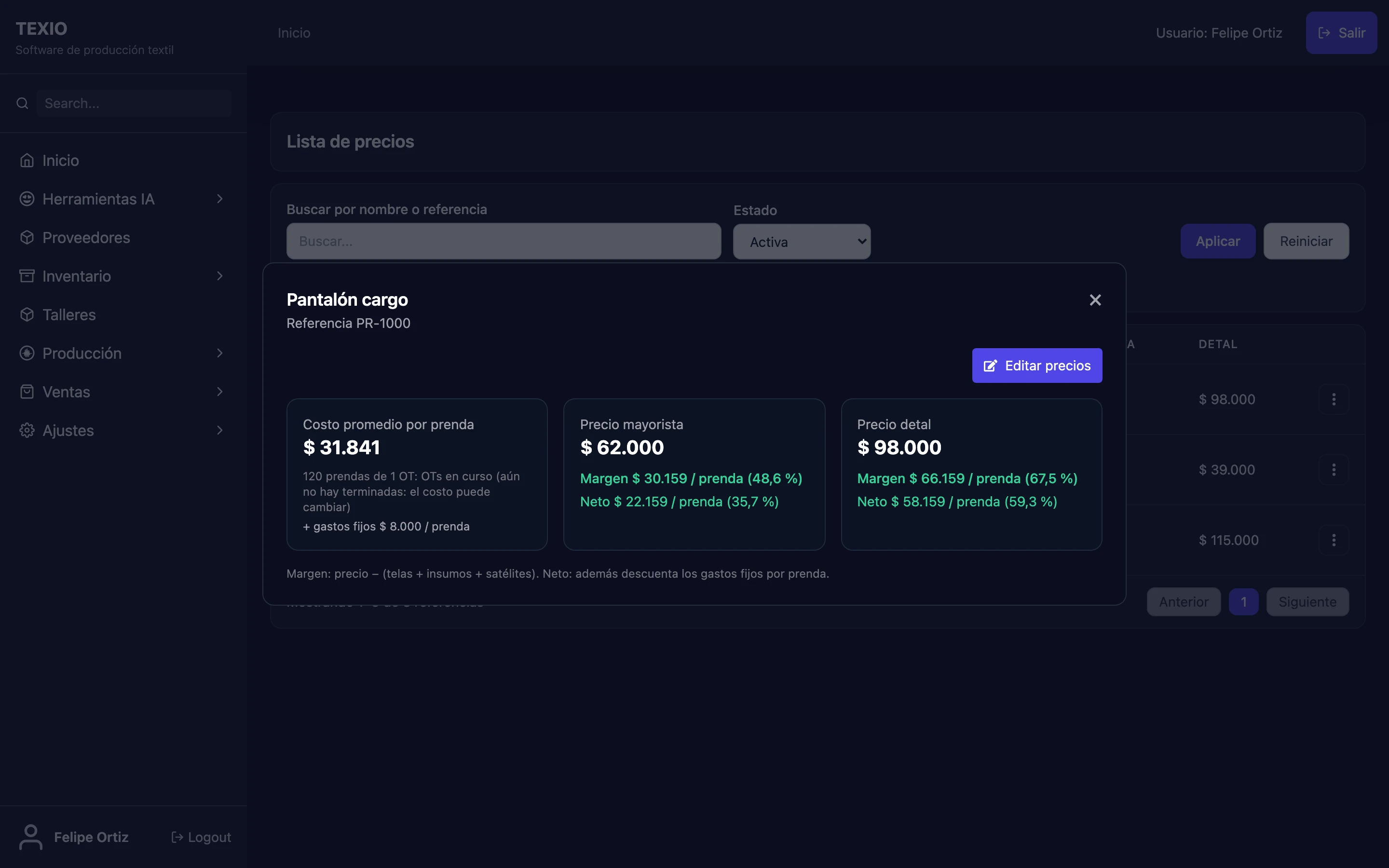 Precios y margen de una referencia